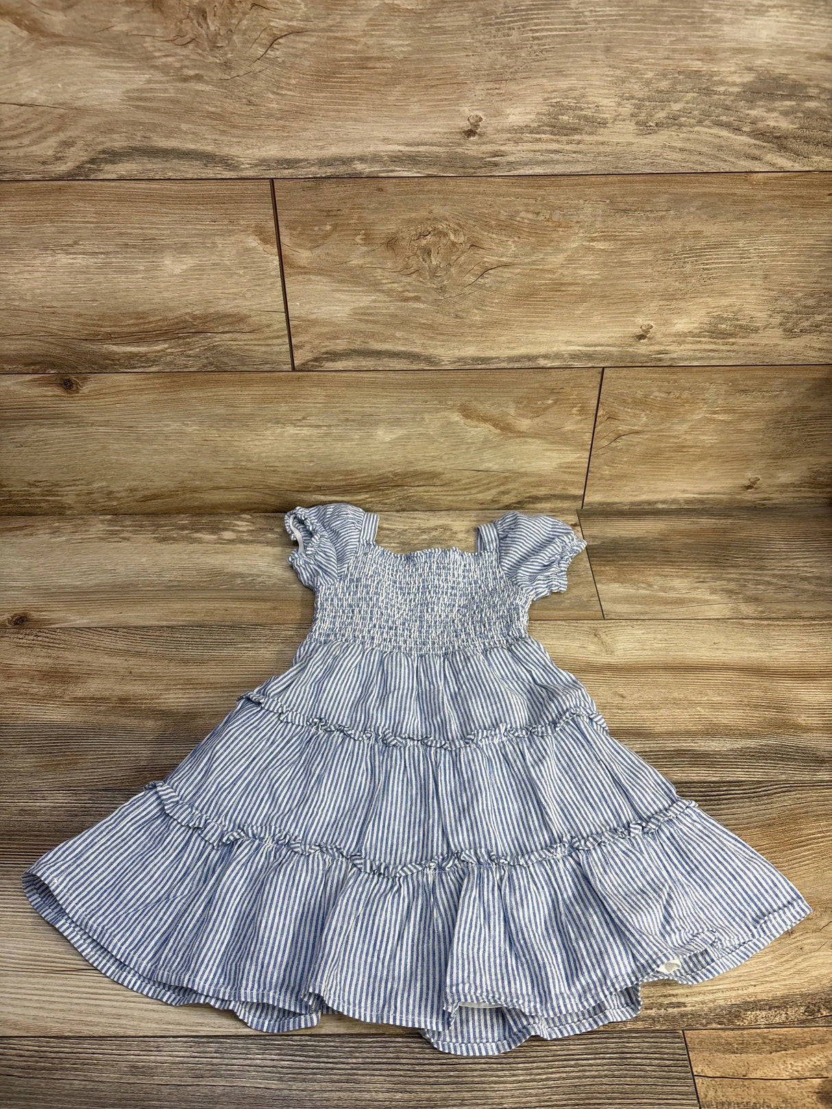 Gymboree Striped Linen-Blend Smocked Tiered Dress Blue sz 4T