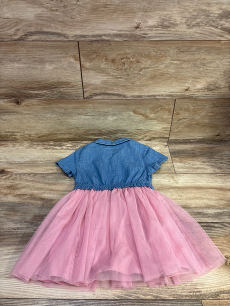 Back view of Epic Threads denim tulle dress in blue and pink, showcasing short sleeves and full tulle skirt on a wood floor