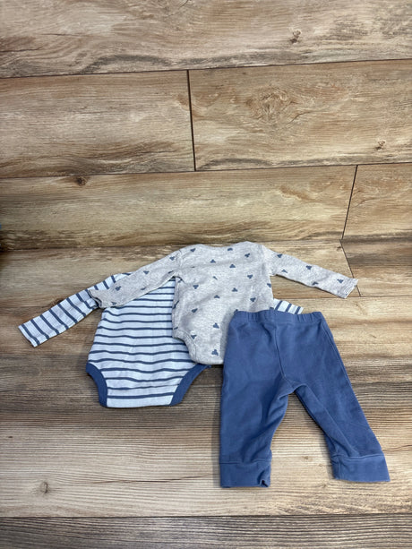 Flat lay of Baby Gap 3-piece infant set: gray bodysuit with small navy whales, navy-striped bodysuit, and blue pants