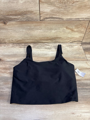 Flat lay of Old Navy PowerSoft nursing sports bra, black size M, showing front and adjustable clips on wood background