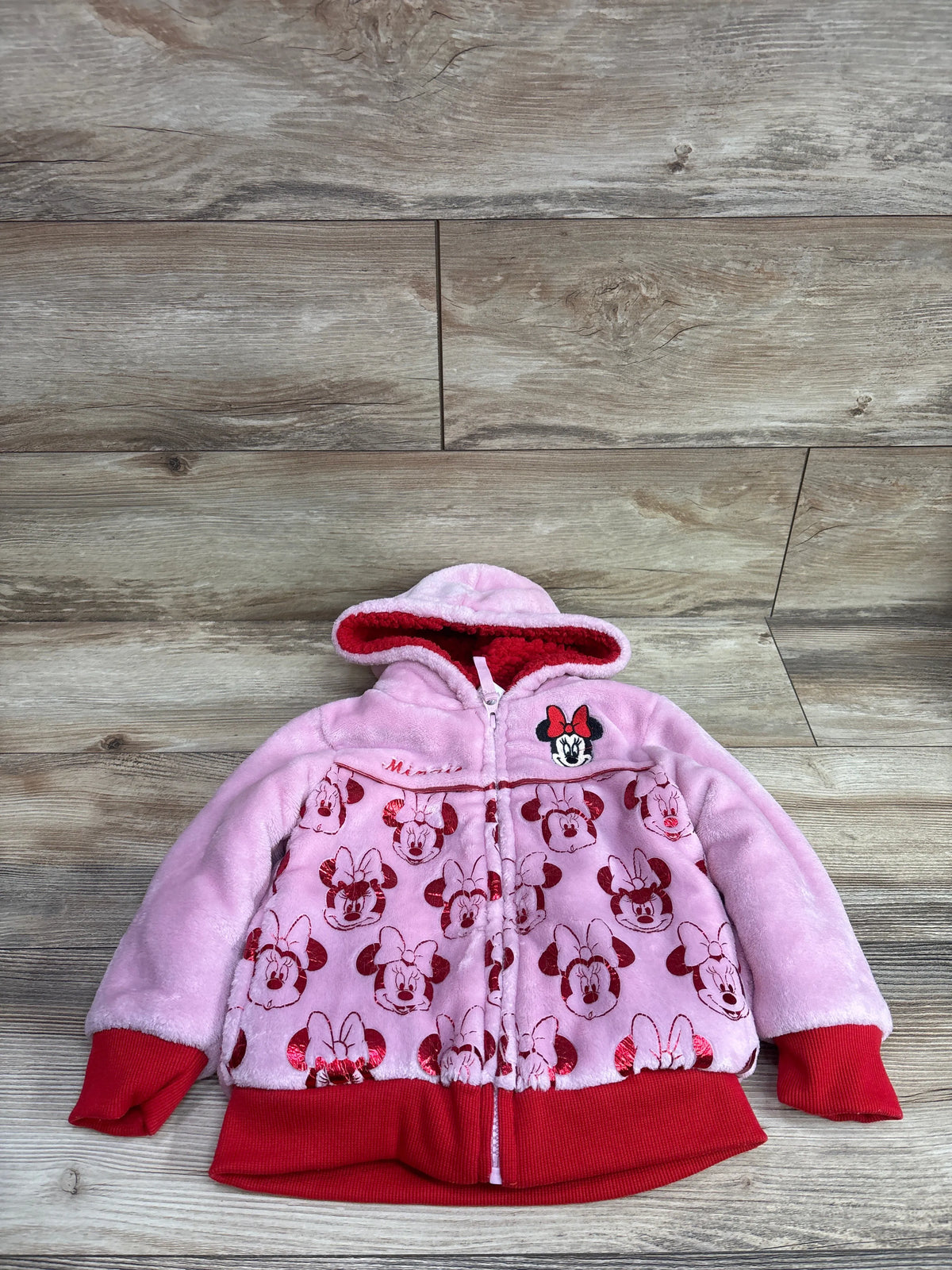 Pink Disney Junior Minnie Mouse sherpa plush full-zip jacket for toddlers size 3T