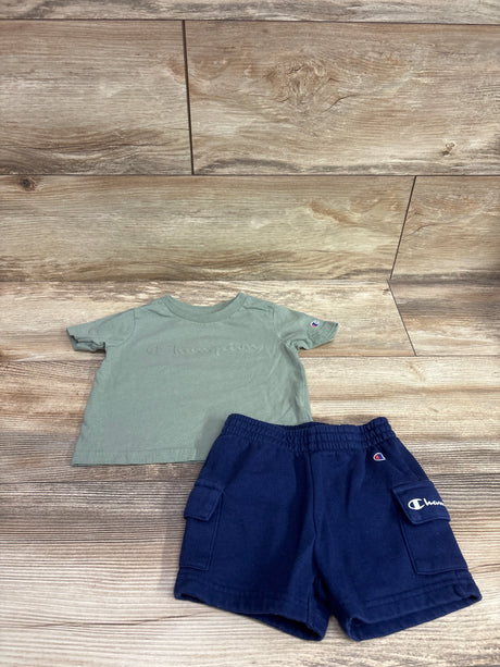 Champion 2pc baby set featuring a sage green t-shirt and navy blue cargo shorts