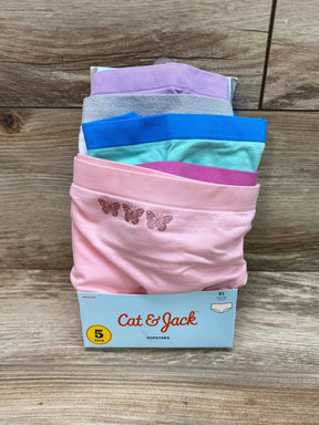 Front of Cat and Jack 5-pack hipster underwear in pastels with butterfly print on pink pair, packaged on wood