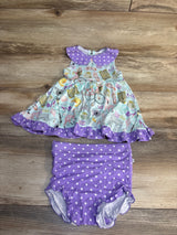 Girls' sleeveless Paris-themed dress with matching purple polka dot bloomers set