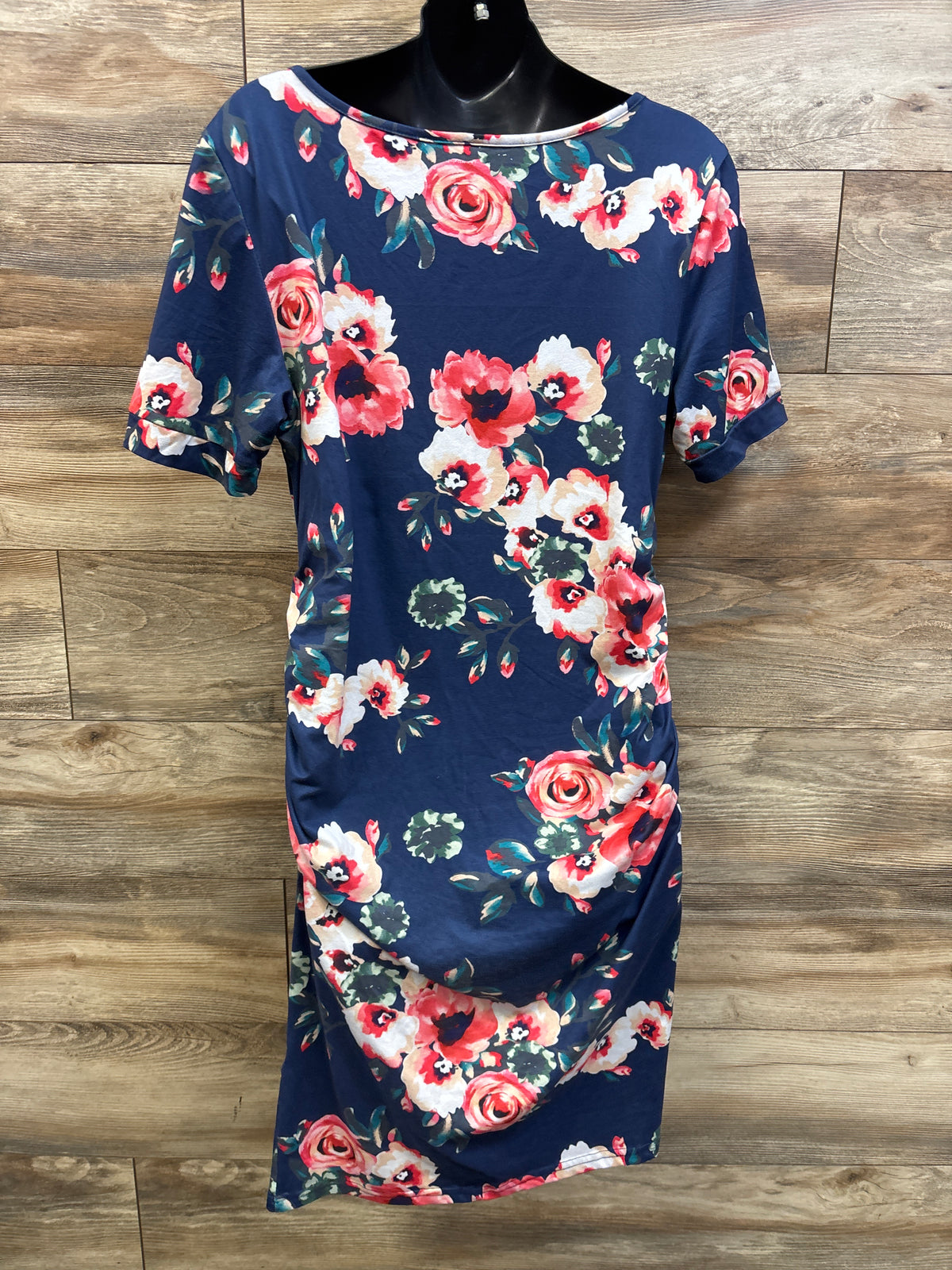 Musidora Maternity Floral Ruched Short-Sleeve Bodycon Dress Navy sz XL