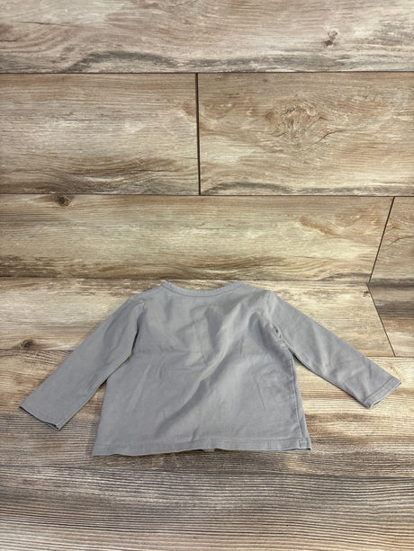 Back view of grey June & January button-front toddler shirt showing long sleeves and crew neckline on wood plank background