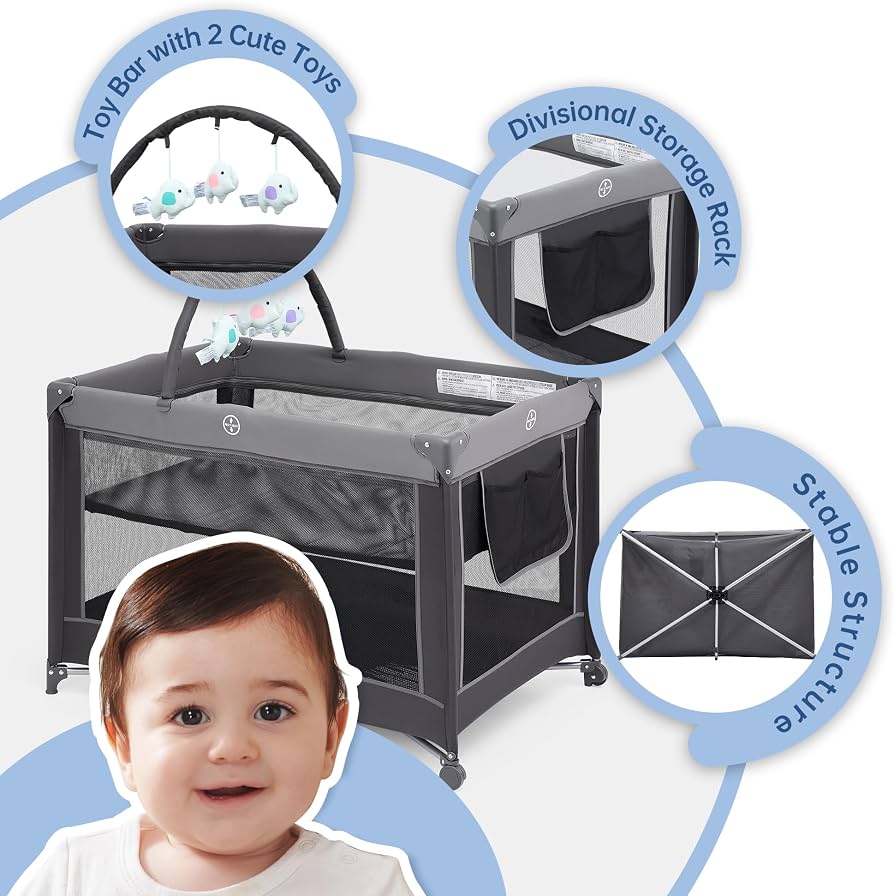 NEW Pamo Babe Just Right Foldable Playard with Bassinet & Toy Bar
