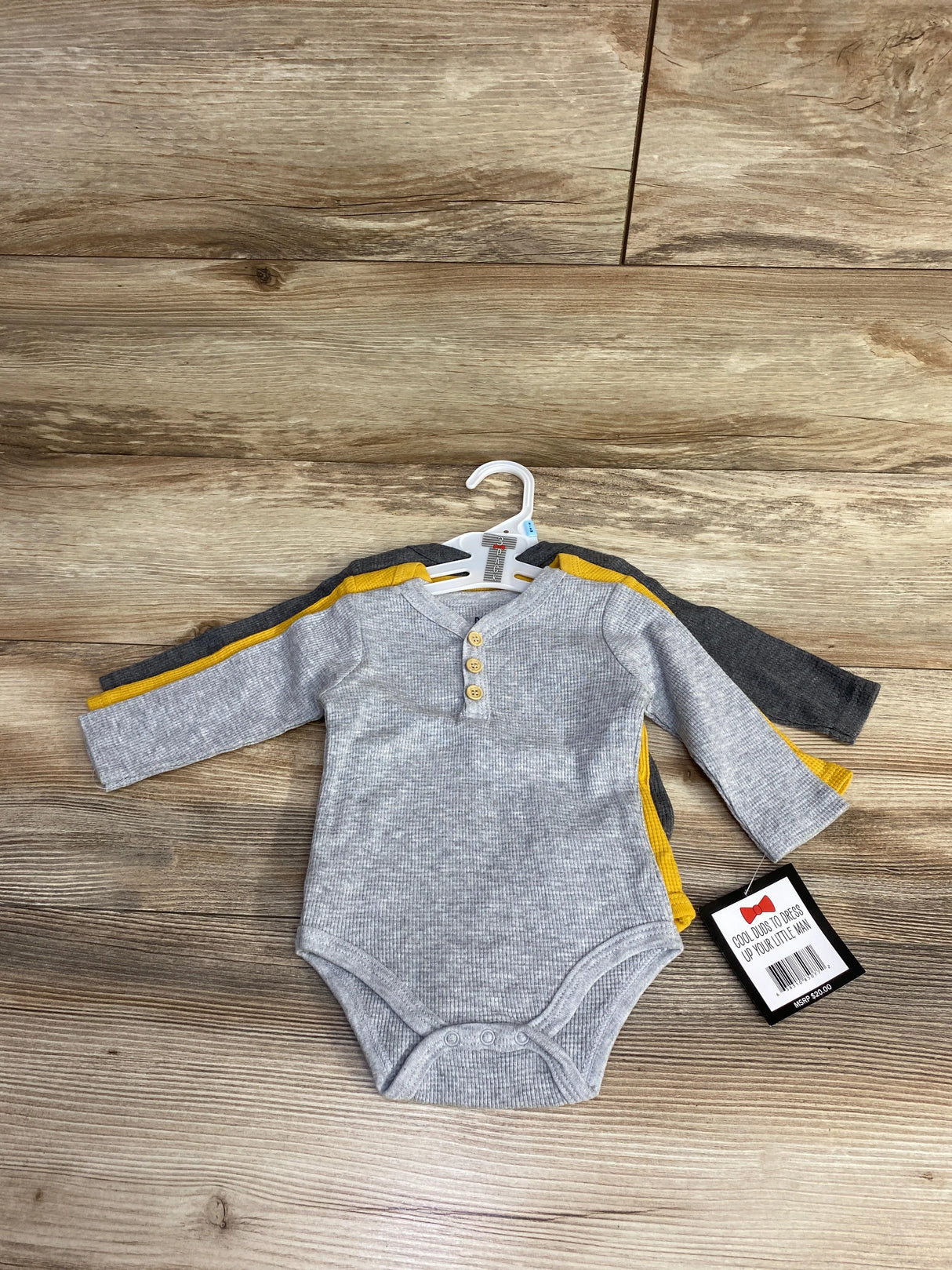 NEW Dapper Dude 3pk Waffle Knit Henley Bodysuits Grey sz 3-6m