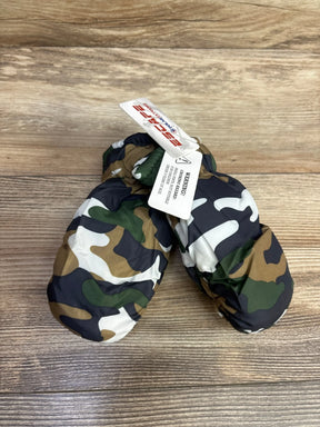Pair of baby mittens with camouflage print on wooden surface, insulated for cold weather