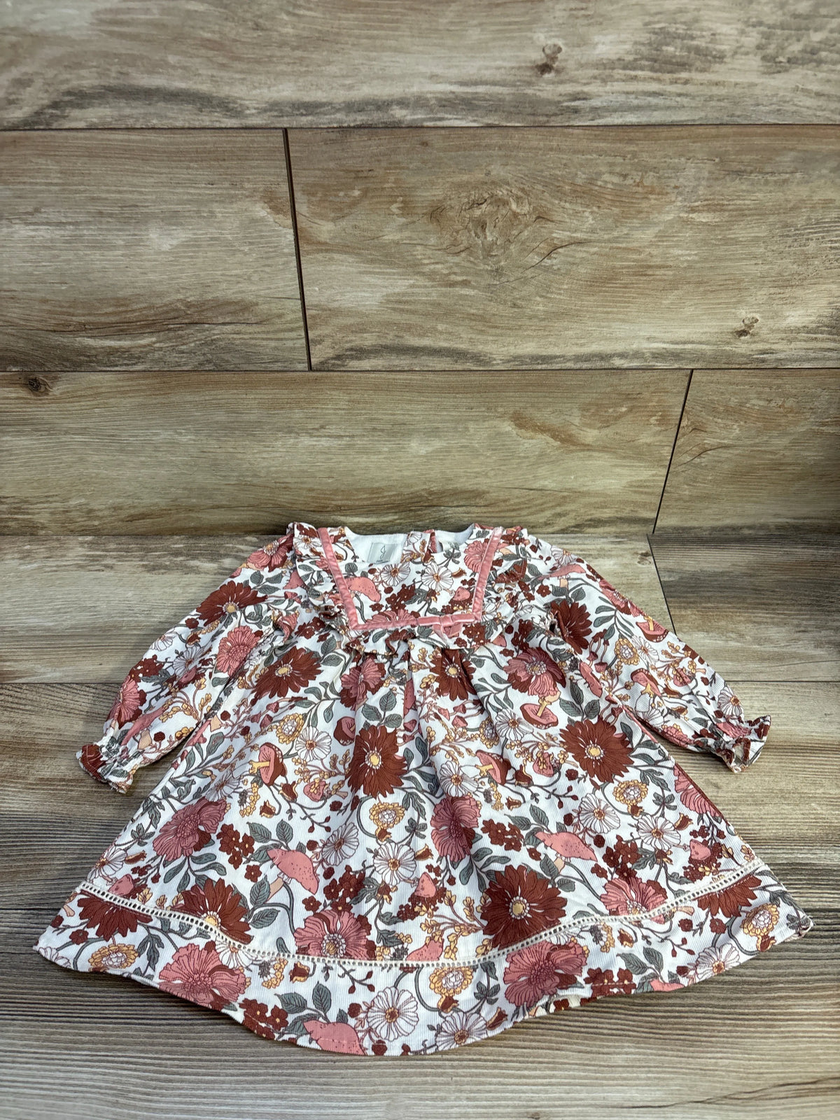 Front view of the Joie ivory floral long sleeve dress showcasing pink trim and flared skirt on a wood plank background