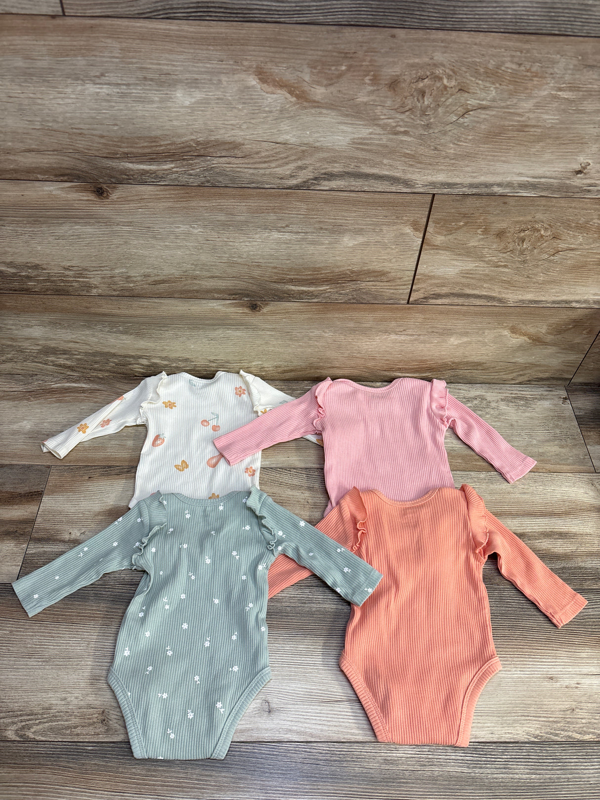 Pekkle 4pk Cherry Ruffled Ribbed Bodysuits Pink sz 3m