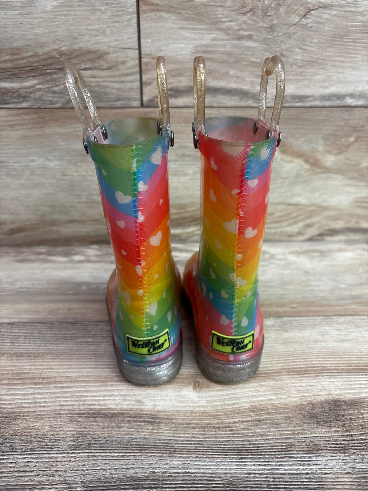 Western Chief Kids Light-Up Rain Boots Rainbow Hearts sz 10c
