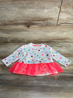 Front view of Cat & Jack baby heart-print sweatshirt (6–9 months) showcasing multicolor hearts and neon pink tulle ruffle on rustic wood background