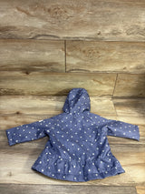 Back view of Oshkosh blue polka dot hooded jacket showcasing long sleeves and ruffled hem on a wood floor