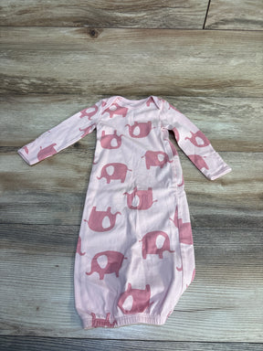 Flat lay of pink sleeper sack with darker pink elephant print, long sleeves and elastic gathered hem on light wood background