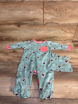 2pc Heart Print Footed Coverall & Hat Set Blue sz 6-9m