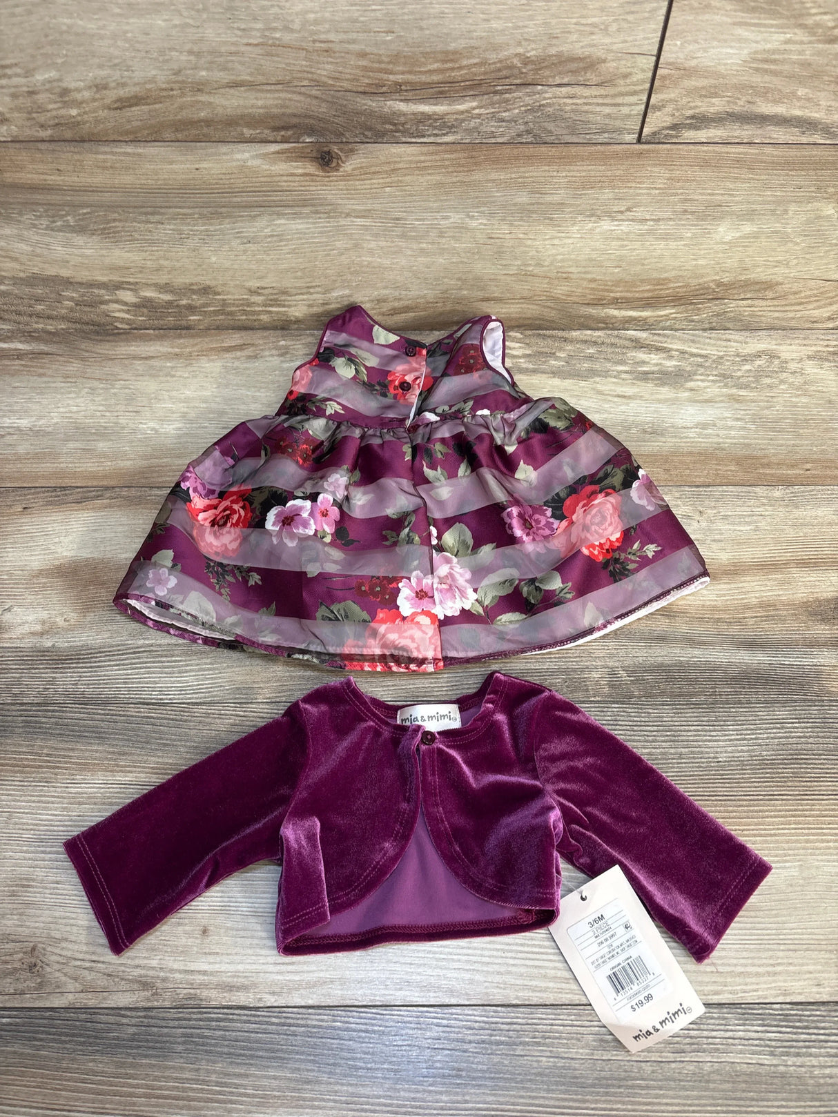 Purple floral baby dress with velvet cardigan, 3/6M, kids clothing set
