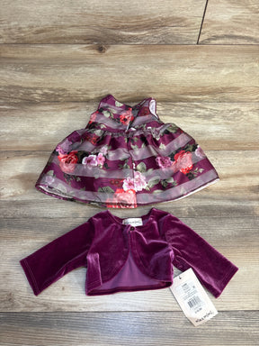 Purple floral baby dress with velvet cardigan, 3/6M, kids clothing set
