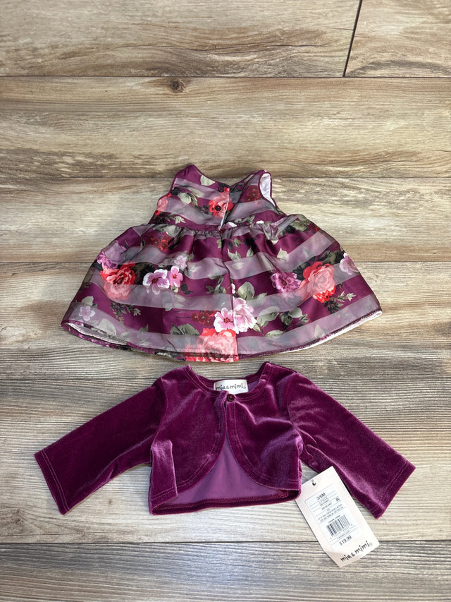 Purple floral baby dress with velvet cardigan, 3/6M, kids clothing set