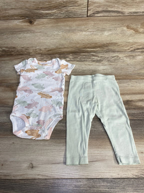 Flat lay of Carter's white baby bodysuit with pastel bunny print and pale green pants, snaps and elastic waist, on wood background