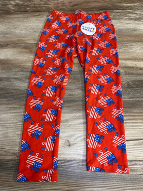 Flat lay of red toddler leggings with all-over USA flag and Made in USA print, elastic waist on wood background