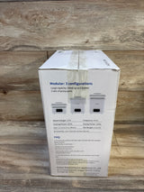 White box for baby bottle sterilizer with product specifications and FAQ on wood background