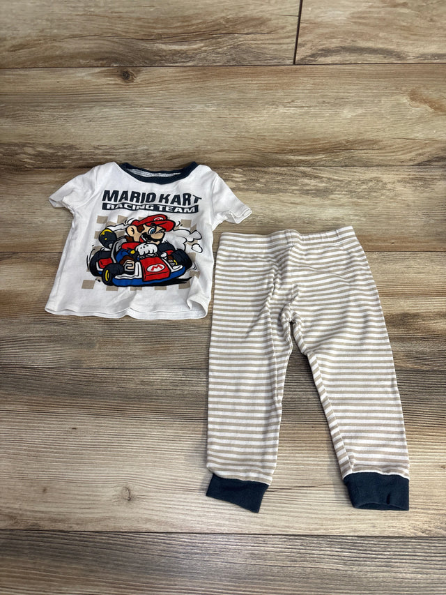Kids Mario Kart Racing Team white t-shirt and beige striped pants on wooden floor