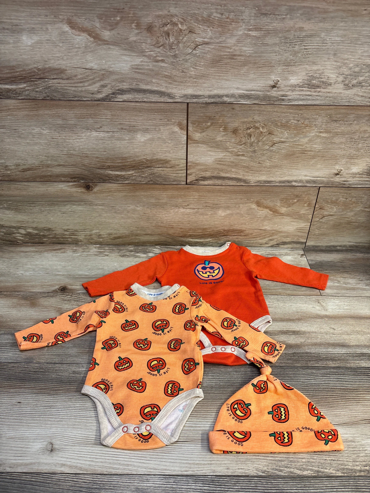 Life Is Good 3pc Waffle Knit Pumpkin Bodysuit Set Orange sz 3-6m