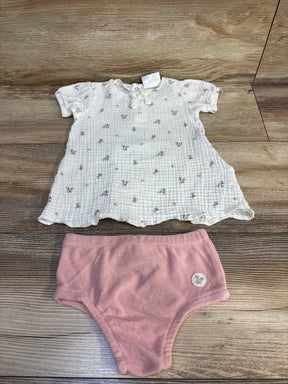 White floral baby dress with pink bloomers, soft cotton set for newborns, ideal for gentle everyday wear