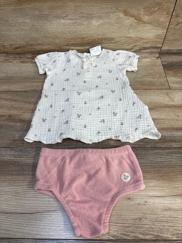 White floral baby dress with pink bloomers, soft cotton set for newborns, ideal for gentle everyday wear