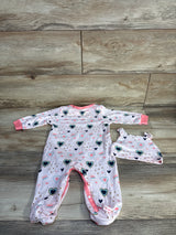 2pc Heart Print Footed Coverall & Hat Set Light Pink sz 6-9m