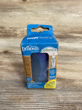 Dr. Brown's glass bottle silicone sleeve in blue box, glows in the dark, on wood surface