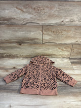 Flat lay of Cat and Jack toddler full-zip leopard print hooded jacket showing zipper and cuff details on light wood background size 12 months
