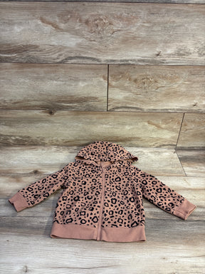Flat lay of Cat and Jack toddler full-zip leopard print hooded jacket showing zipper and cuff details on light wood background size 12 months