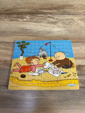 Children's beach puzzle with kids drawing near sandcastle, colorful illustration