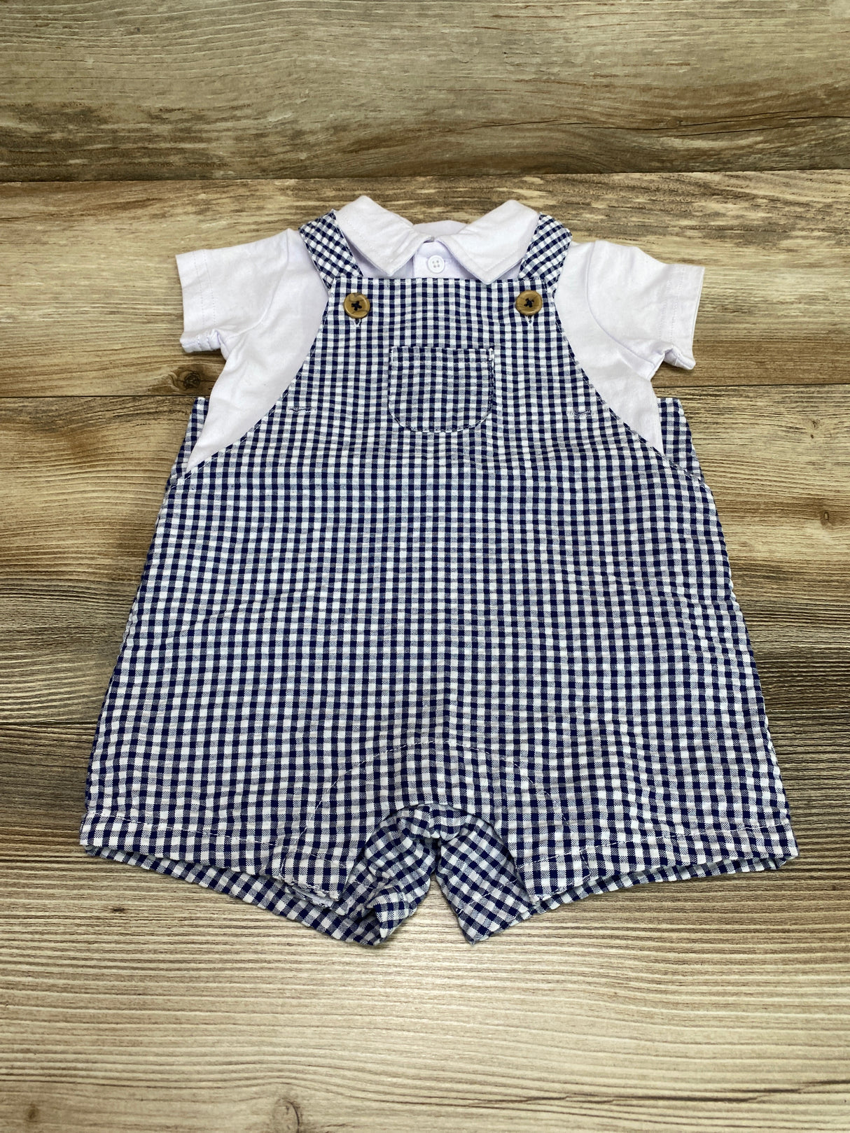 Starting Out 2pc Polo Shirt & Gingham Shortall White/Navy sz 3-6m