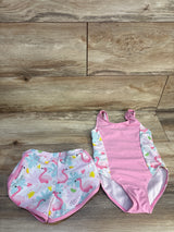 2pc Flamingo Print Swimsuit & Shorts Set Pink sz 4T