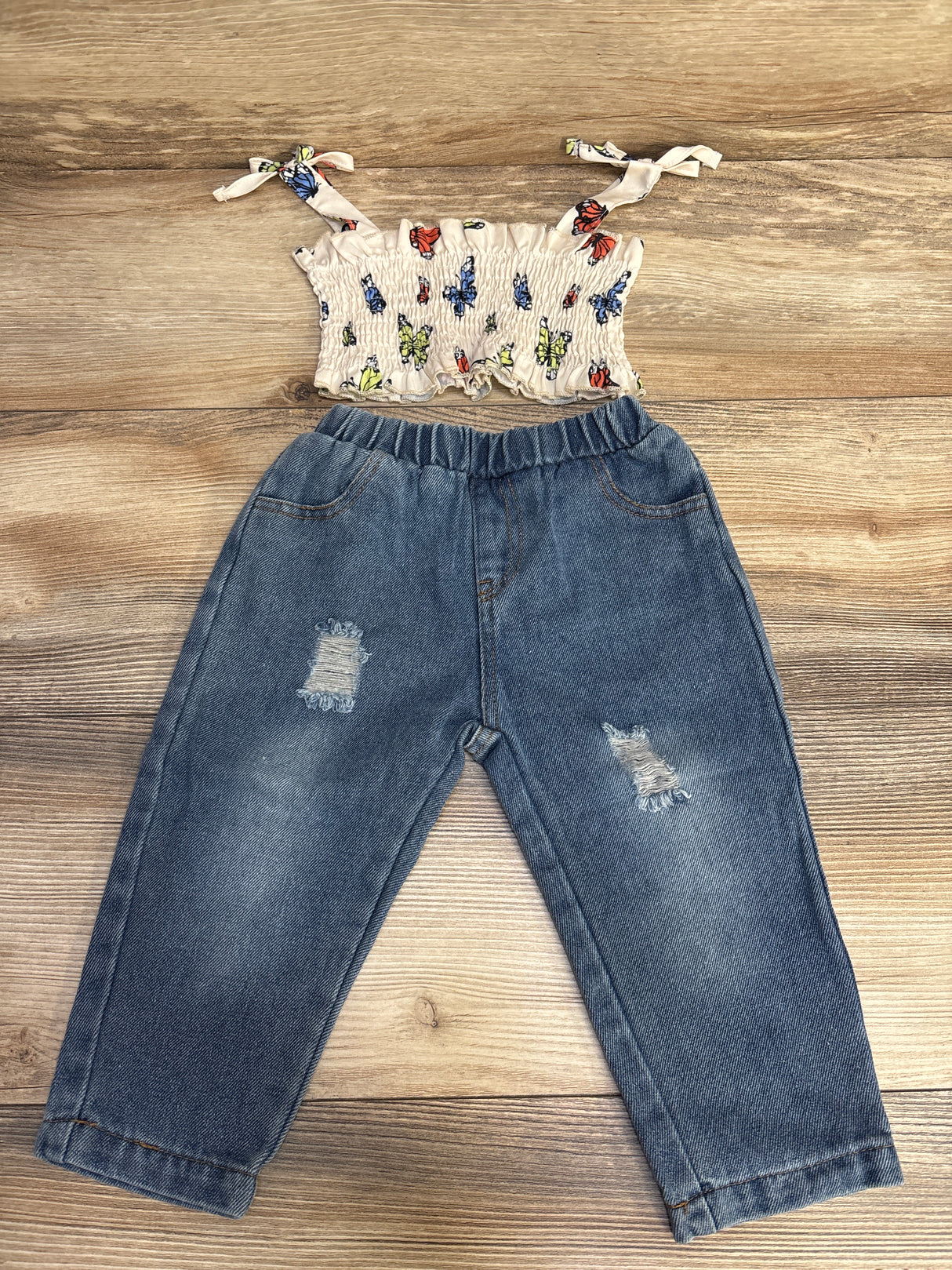 Shein 2pc Butterfly Print Smocked Top & Jeans White sz 9-12m