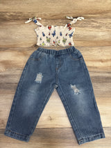 Shein 2pc Butterfly Print Smocked Top & Jeans White sz 9-12m