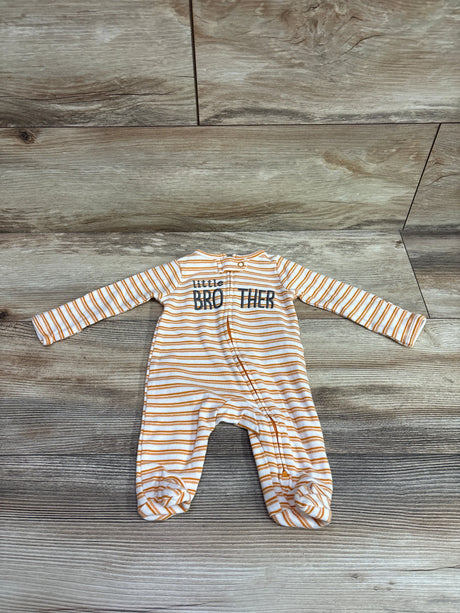 Front view of a white Just One You Little Brother striped sleeper with orange stripes and chest lettering on a woodgrain background
