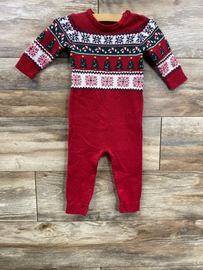 Red Christmas baby onesie with festive tree and snowflake knit pattern, long sleeves, snap buttons