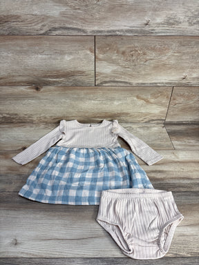 Baby girl outfit with ribbed long-sleeve top and blue and white checkered skirt dress with matching ribbed bloomers