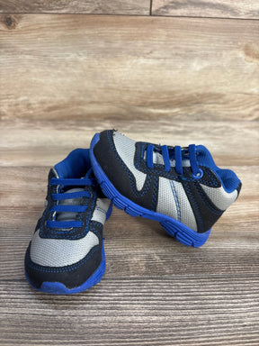Blue and gray toddler sneakers on wooden floor, kids athletic shoes product image