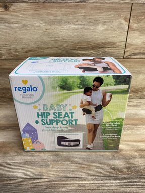 Regalo baby hip seat support carrier box with parent holding child, adjustable waist belt visible.