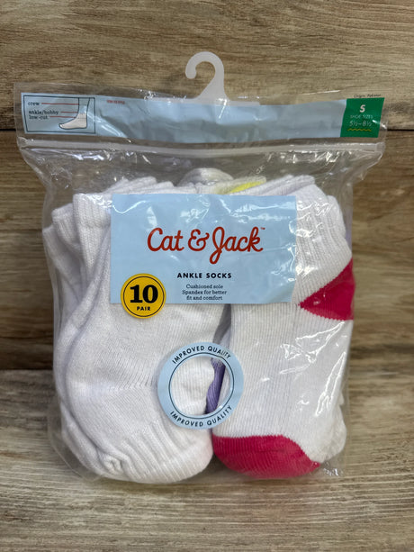 Front view of Cat and Jack 10-pair ankle socks package showing label, cushioned sole text and white socks with pink toes