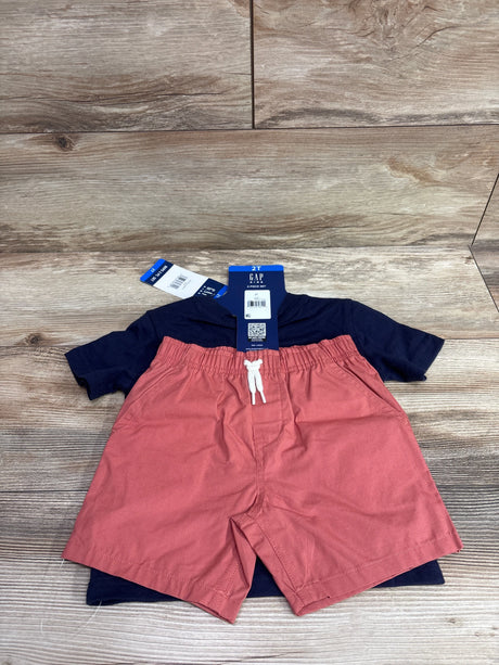 New Me n Mommy To Be 2-piece set featuring a navy blue t-shirt and coral red shorts, size 2T