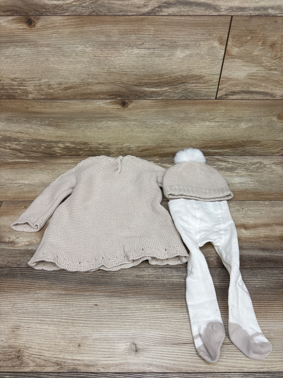 Cupcakes & Cashmere 3pc Sweater Knit Dress, Tights, & Hat Set Beige sz 6-9m