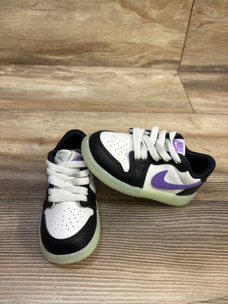 Top and side view of Air Jordan 1 Retro Low OG TD Black Raspberry sneakers with purple swooshes and translucent soles