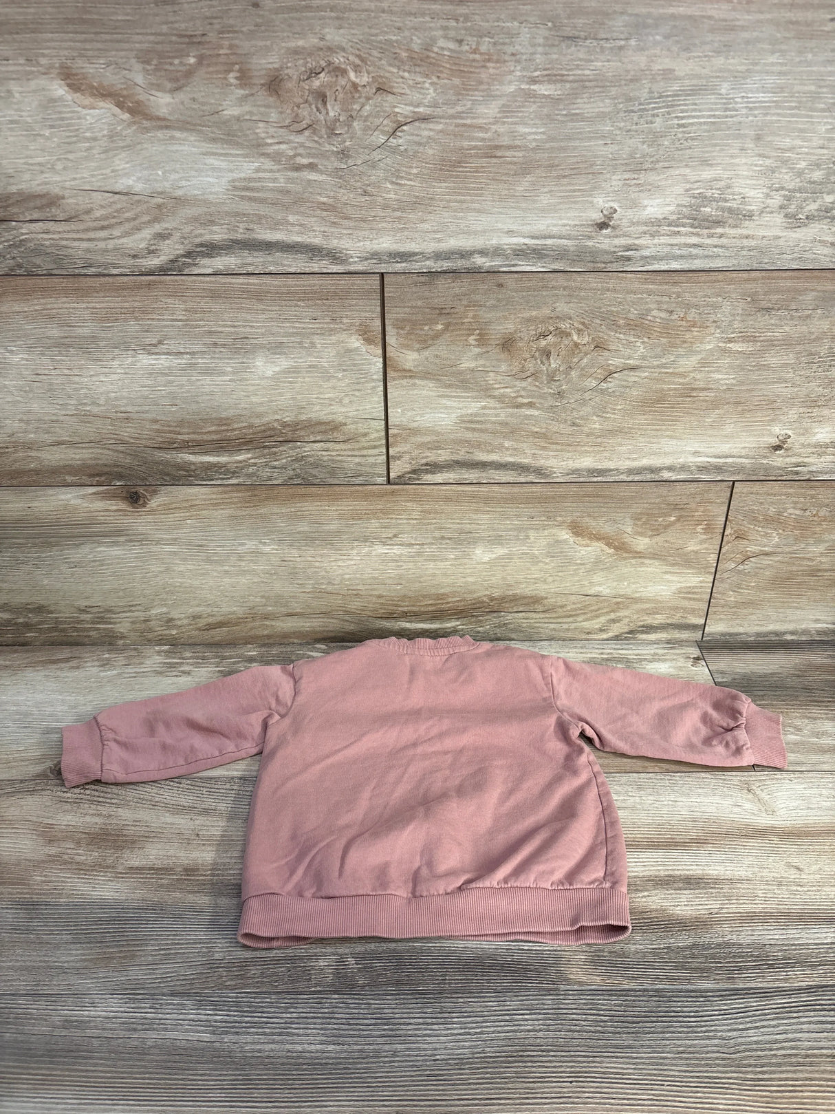 Back view of H&M toddler pullover sweatshirt in pink showing long sleeves and ribbed cuffs and hem on a light wood background