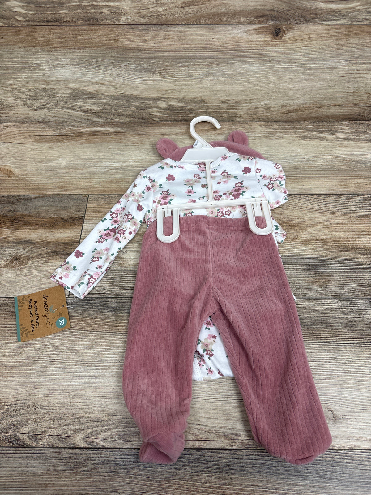 NEW Dream Gro 3pc Bodysuit, Footed Pants, & Hat Set White sz 3/6m